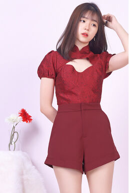 Front Cutout Jacquard Cheongsam Top + Cuffed Hem Pants Set (Red + Maroon)